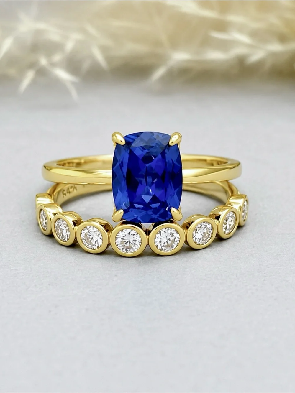 Yellow Gold 3Ct Cushion Blue Sapphire Moissanite Band Sterling Silver Ring Set